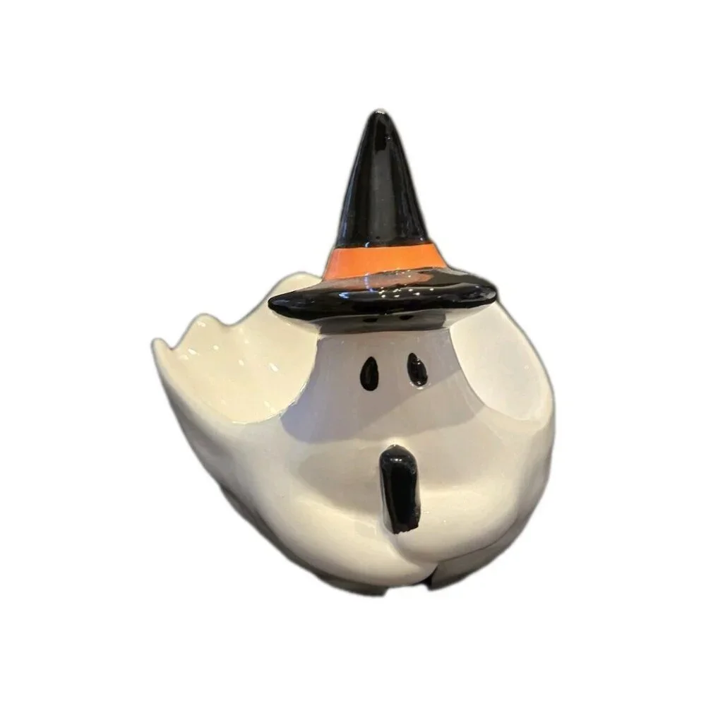 New White Witch Ghost Riding Broom Holiday Halloween Candy Food Decorative Bowl